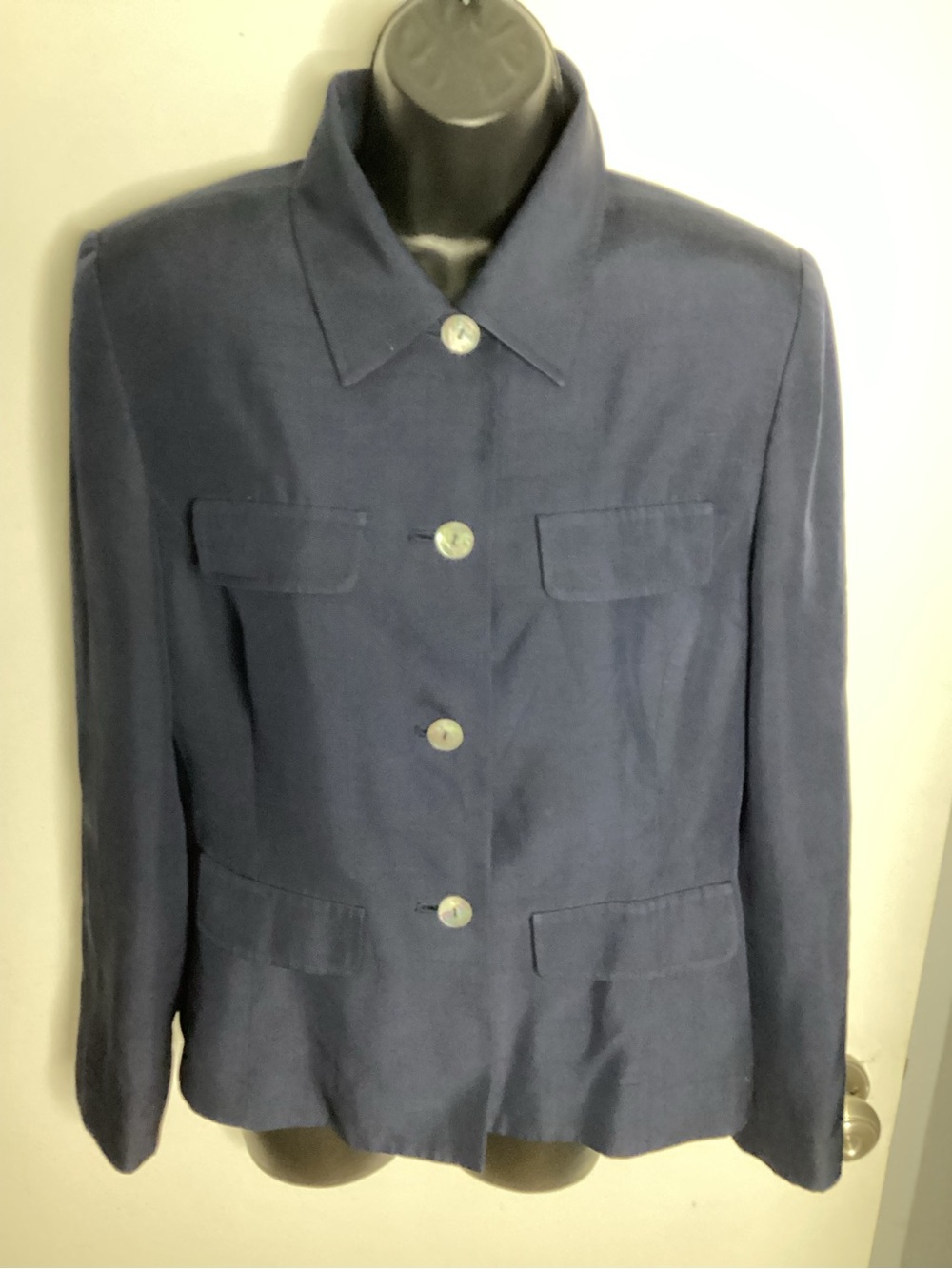 Valerie Stevens Navy Button-Front 100% Silk Blazer 6